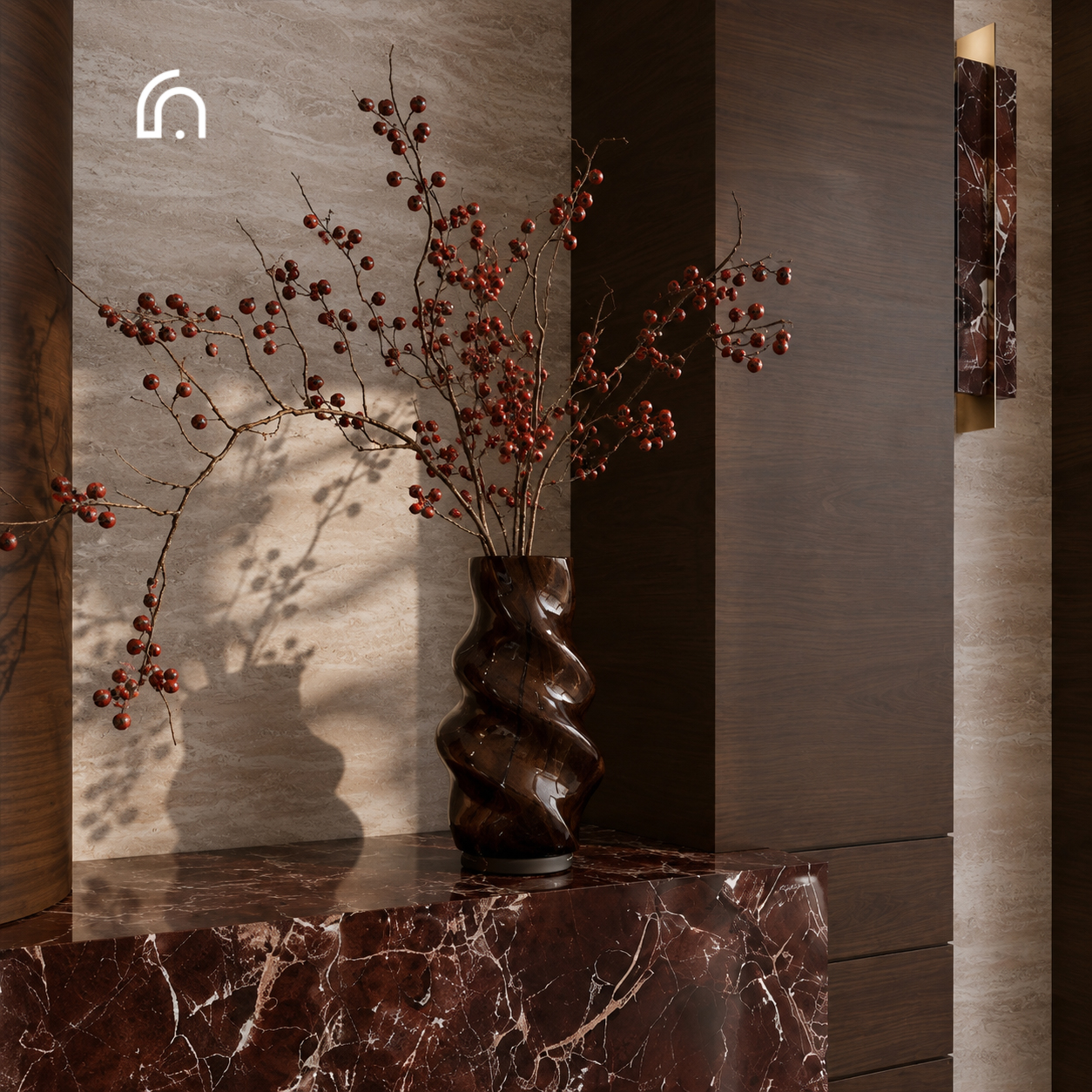 Luxury modern reception and dining room interior featuring a rich burgundy velvet sofa, artistic green wave pendant chandelier, sculptural wooden armchair, backlit brass shelving, and high-end dining setup by Fine Arch Studio.