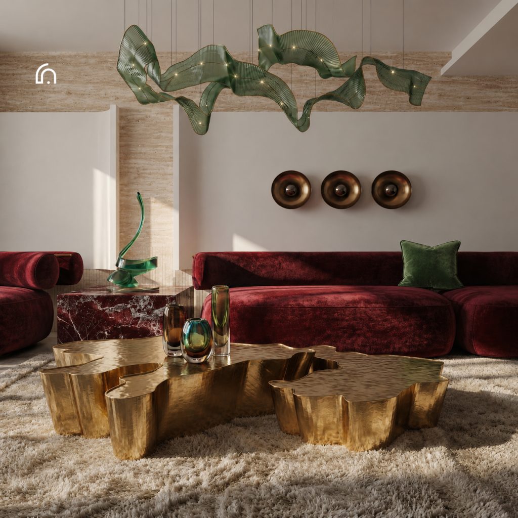 Luxury modern reception and dining room interior featuring a rich burgundy velvet sofa, artistic green wave pendant chandelier, sculptural wooden armchair, backlit brass shelving, and high-end dining setup by Fine Arch Studio.